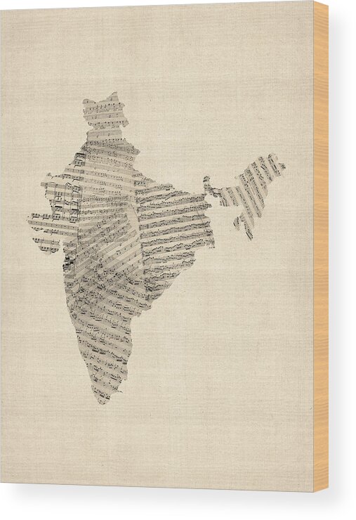 India Map Wood Print featuring the digital art India Map, Old Sheet Music Map of India by Michael Tompsett