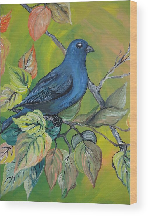 Bird Wood Print featuring the painting Indigo Bunting by Leslie Manley