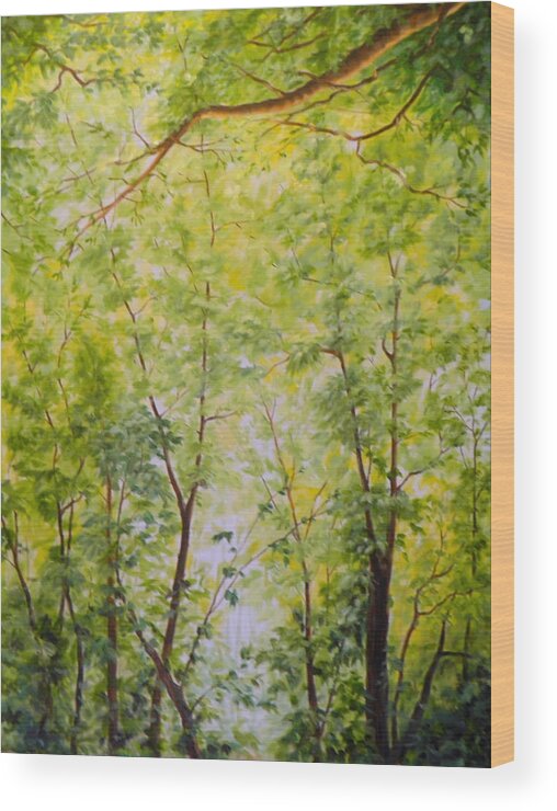 Forest Trees Light Shadow Branches Trunks Leaves Sky Bushes Landscape Silence Quiet Sanctuary Inside Wood Print featuring the painting Inner Sanctum by Ida Eriksen