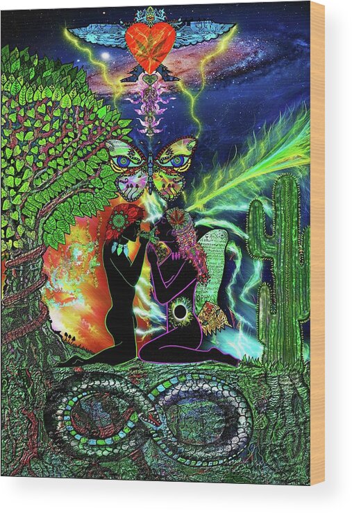 Visionary Art Wood Print featuring the mixed media Interdimensional Amor by Myztico Campo