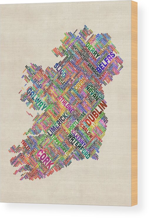 Ireland Map Wood Print featuring the digital art Ireland Eire City Text Map Derry Version by Michael Tompsett