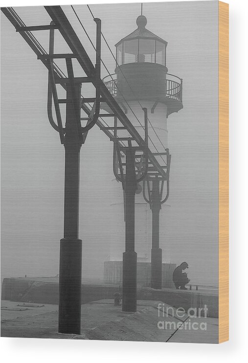 Lighthouse Wood Print featuring the photograph Lake Michigan Fog - bw by Ann Horn