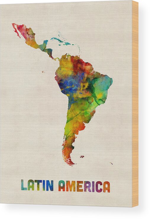 South America Map Wood Print featuring the digital art Latin America Watercolor Map by Michael Tompsett