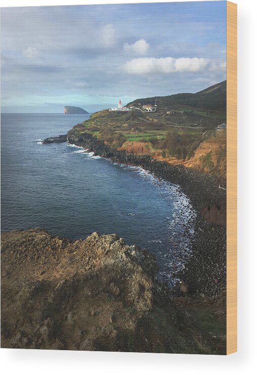 Kelly Hazel Wood Print featuring the photograph Lighthouse on Terceira by Kelly Hazel