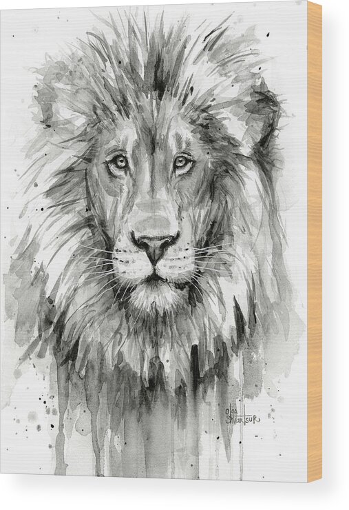 Lion Wood Print featuring the painting Lion Watercolor by Olga Shvartsur