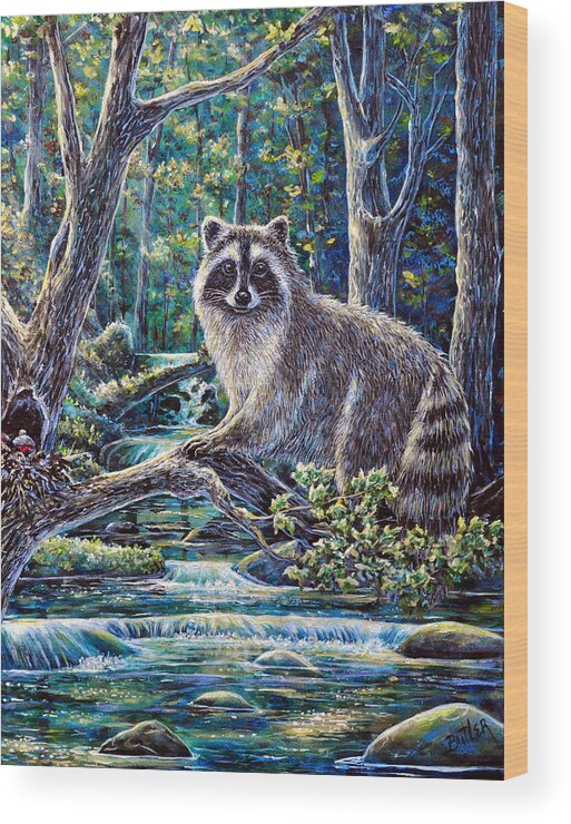 Animal Nature Raccoon Stream Pond Forest Fishing Trees Wood Print featuring the painting Little Bandit by Gail Butler