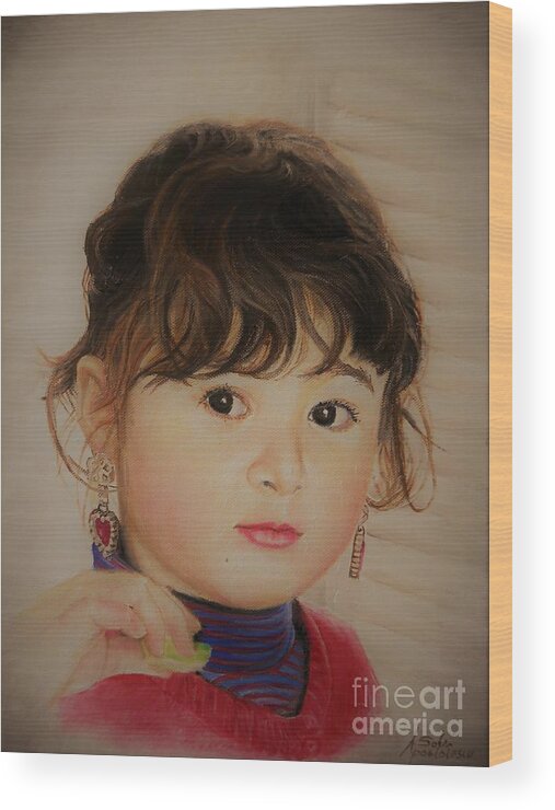 Portrait Wood Print featuring the painting Little Girl by Sorin Apostolescu