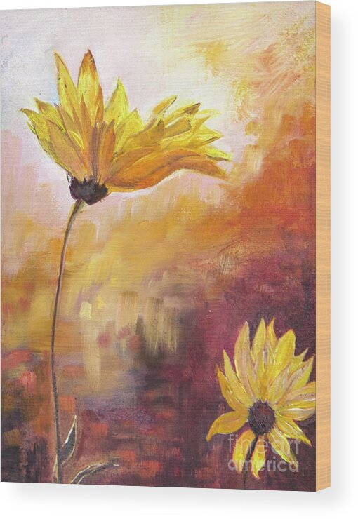 Sunflowers Wood Print featuring the painting Little Sister by Nila Jane Autry