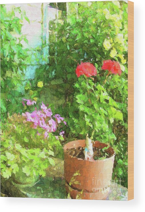 Patio Flowers Edited At Impressionistic Water Color Wood Print featuring the digital art Magee's Patio Garden by Annie Gibbons