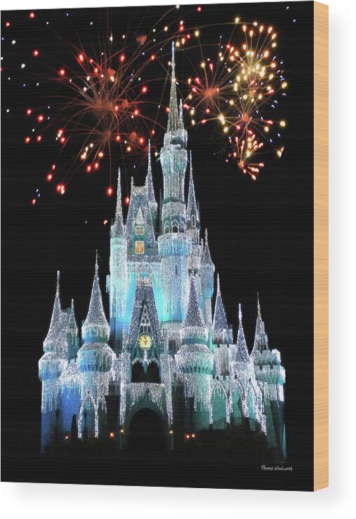 Castle Wood Print featuring the photograph Magic Kingdom Castle In Frosty Light Blue with Fireworks 03 MP by Thomas Woolworth