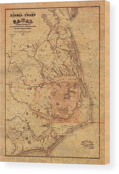 Map Of Outer Banks Wood Print featuring the mixed media Map of Outer Banks North Carolina Dismal Swamp Canal Currituck Albemarle Pamlico Sounds Circa 1867 by Design Turnpike