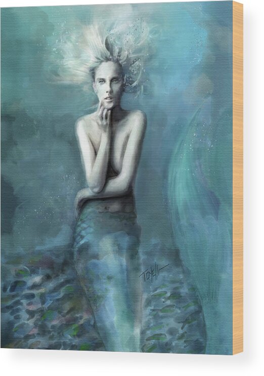 Mermaid Sea Wood Print featuring the mixed media Mermaid at the edge of the sea by Mark Tonelli