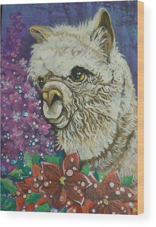 Alpaca Wood Print featuring the painting Merry Christmas Alpaca by Patty Sjolin