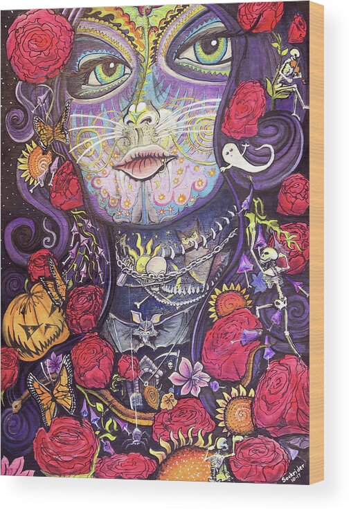 Halloween Wood Print featuring the painting Mia De Los Muertos by David Sockrider