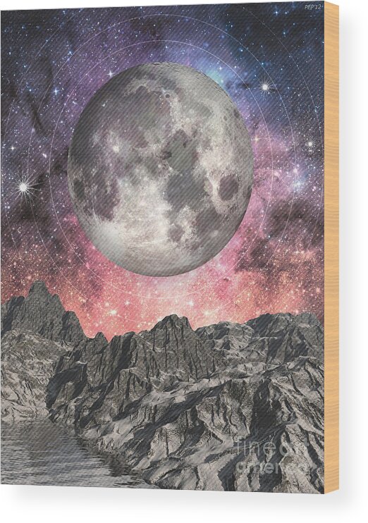 Moon Wood Print featuring the digital art Moon Over Mountain Lake by Phil Perkins