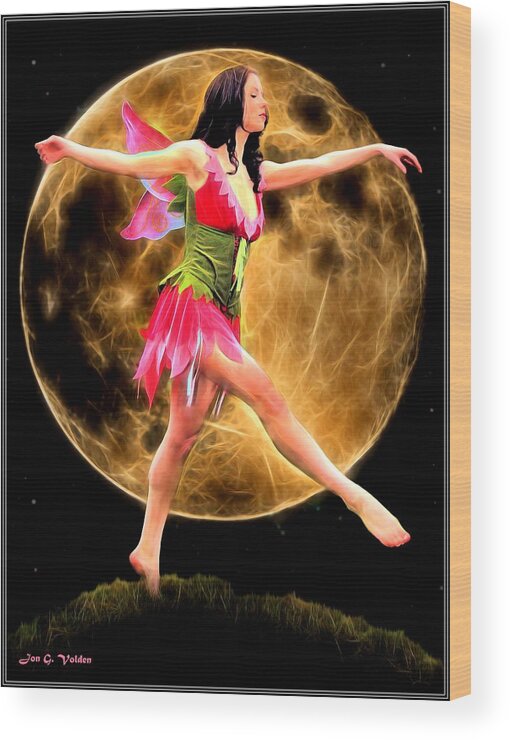 Fantasy Wood Print featuring the painting Moonlight Stroll Of A Fairy by Jon Volden