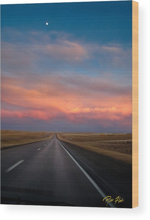 Atmosphere Wood Print featuring the photograph Moonrise and Sunset on I-90 by Rikk Flohr