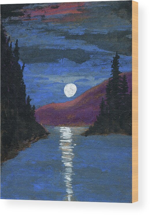 Moon Twilight Tree Water Reflection Kyllo Pine Fir Spruce Mountain Inlet Strait Surface Sphere Space Sky Silhouette Sea Ocean Nobody Night Nature Moonlight Lunar Light Lake Illuminated Glowing Glow Evening Blue Dusk Dark Clouds Cloud Bright Black Beautiful White Trees Tranquil Texture Shore Shining Shine Shadow Scenic Scene Round River Rise Quiet Peaceful Peace Outdoor Mystery Mysterious Mountains Moonshine Moonrise Imagination Idyllic Heaven Forest Dream Darkness Clear Art Wood Print featuring the painting Moonrise Over Strait by R Kyllo