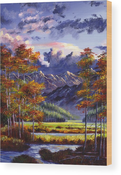 Mountains Wood Print featuring the painting Mountain River Valley by David Lloyd Glover