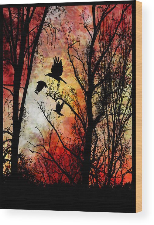 Colorful Silhouette Birds Trees Poster Design Warm Beautiful Wood Print featuring the digital art Murder of Three by Al Majkrzak