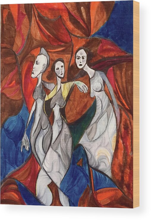 Contemporary Wood Print featuring the drawing My Muses by Dennis Ellman