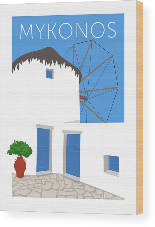 Mykonos Wood Print featuring the digital art MYKONOS Windmill - Blue by Sam Brennan