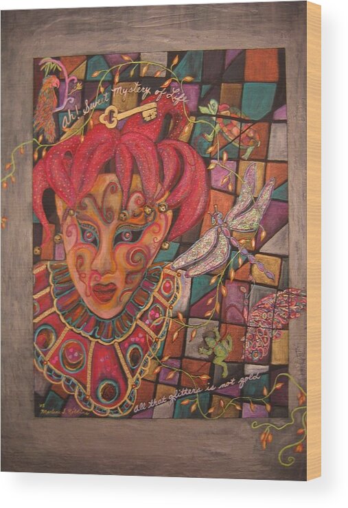 Jester Wood Print featuring the mixed media Mystery by Marlene Robbins