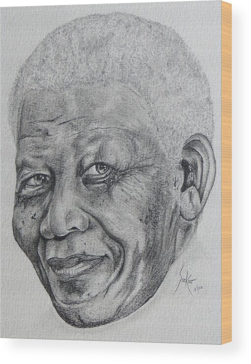 Nelson Mandela Portrait Wood Print featuring the drawing Nelson Mandela by Stephen Sookoo