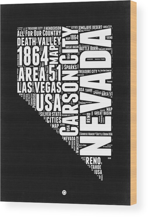 Nevada Wood Print featuring the digital art Nevada Word Cloud Black and White Map by Naxart Studio
