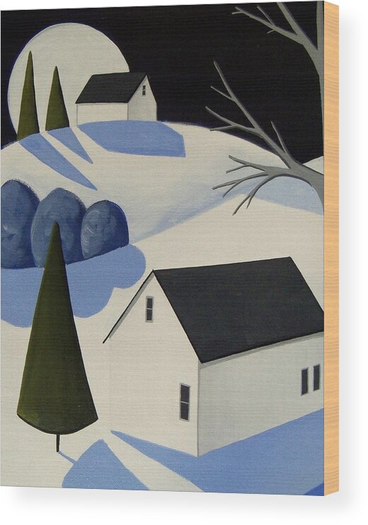 Folk Art Wood Print featuring the painting New Snow - modern contemporary landscape by Debbie Criswell