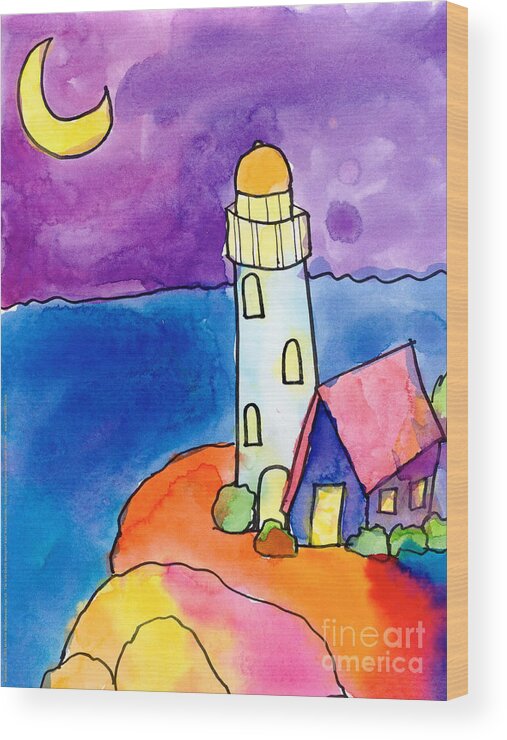Moon Wood Print featuring the painting Nighthouse by Michelle Malachowski Age Ten