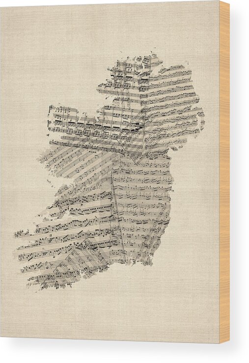 Ireland Map Wood Print featuring the digital art Old Sheet Music Map of Ireland Map by Michael Tompsett