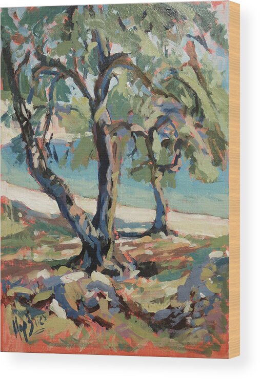 Olive Wood Print featuring the painting Olive trees along Marmari Beach Paxos by Nop Briex