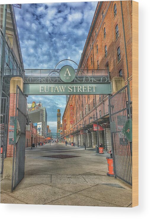 Oriole Park Wood Print featuring the photograph Oriole Park at Camden Yards - Eutaw Street Gate by Marianna Mills
