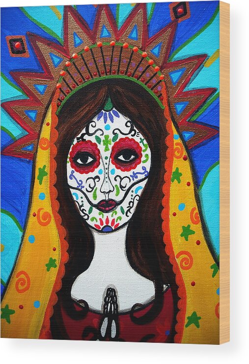 Virgin Wood Print featuring the painting Our Lady Of Guadalupe Dia De Los Muertos by Pristine Cartera Turkus