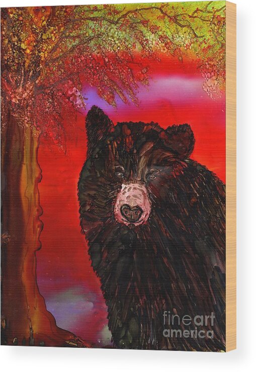 Black Bear Wood Print featuring the painting Out of Hibernation by Eunice Warfel