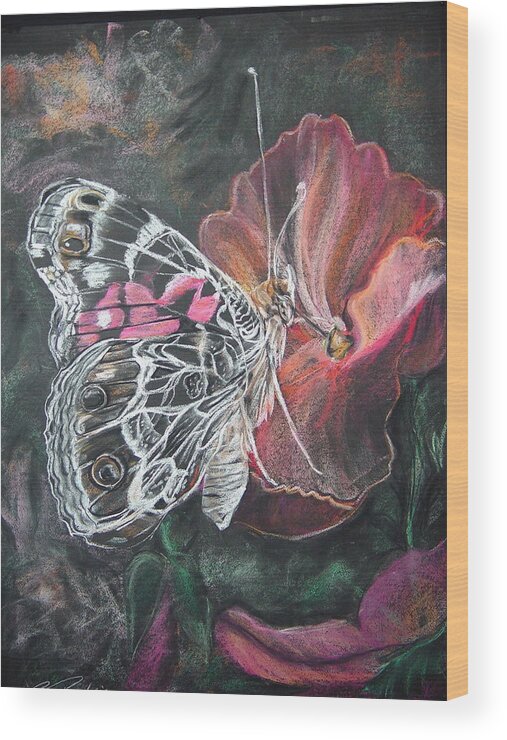 Painted Lady Wood Print featuring the drawing Painted Lady on a pansy by Bonnie Peacher