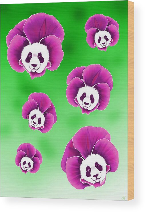 Panda Wood Print featuring the digital art Panda Pansies by Norman Klein
