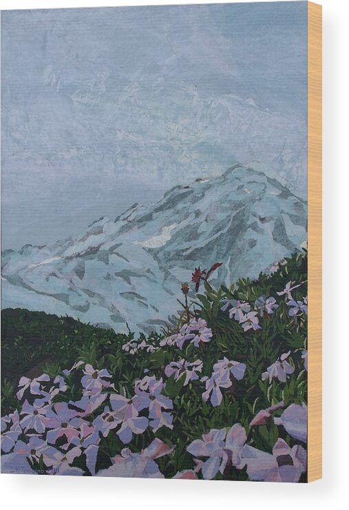 Landscape Wood Print featuring the painting Paradise Mount Rainier by Leah Tomaino