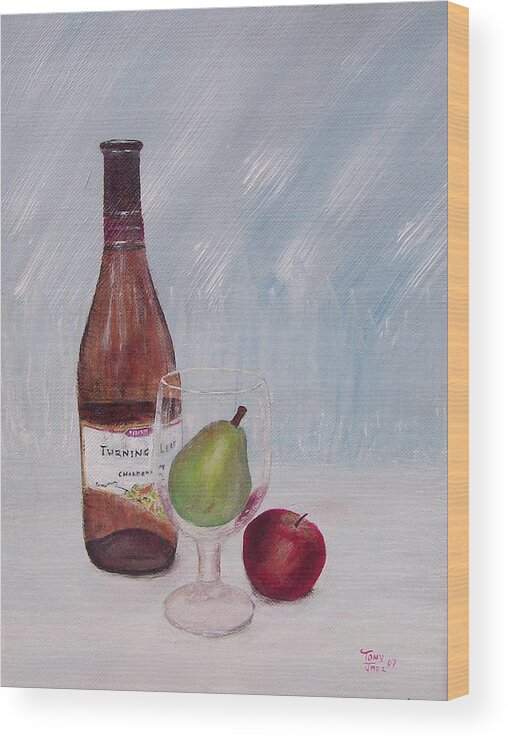 Still Life Wood Print featuring the painting Pear In Glass by Tony Rodriguez