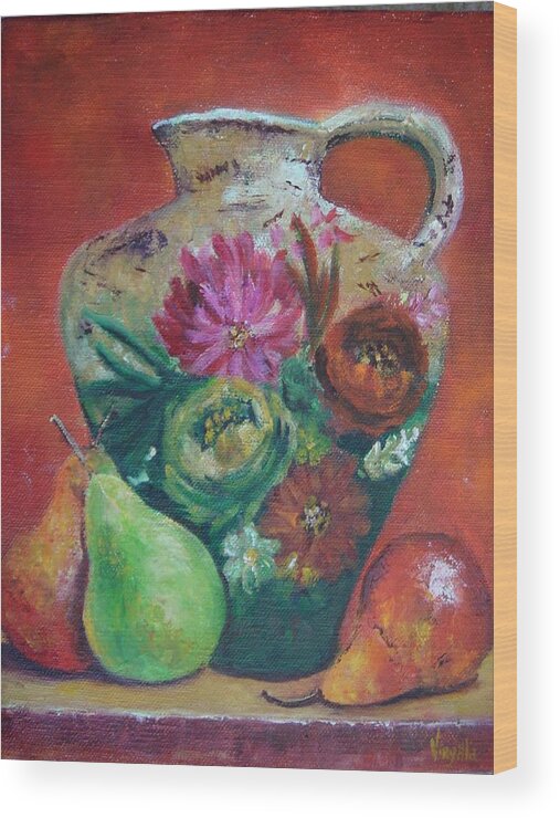 Still Life Wood Print featuring the painting Pear Paintings - French Jug with Pears by Virgilla Lammons
