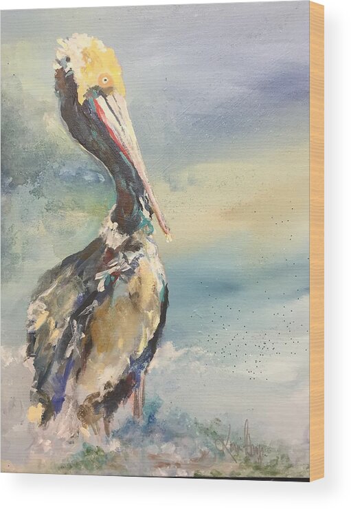 Pelican Wood Print featuring the painting Pelican Perch by Karen Ahuja