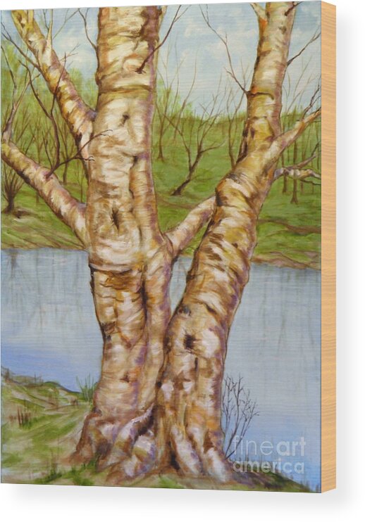 Tree Birch Water River Landscape Spring Branches Sky Grass Moss Dirt Ground Blue White Yellow Orange Brown Green Purple Reflections Clouds Bark Knots Limbs Wood Print featuring the painting Pias Tree by Ida Eriksen