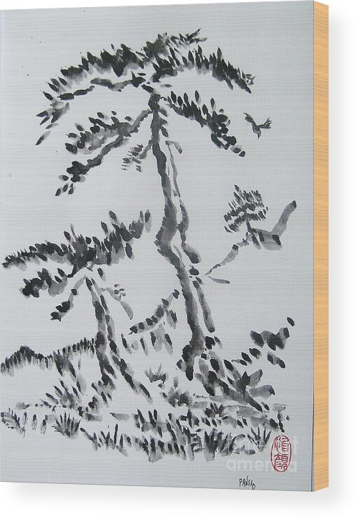 Landscape Wood Print featuring the painting Pine trees on Tokaido road by Thea Recuerdo