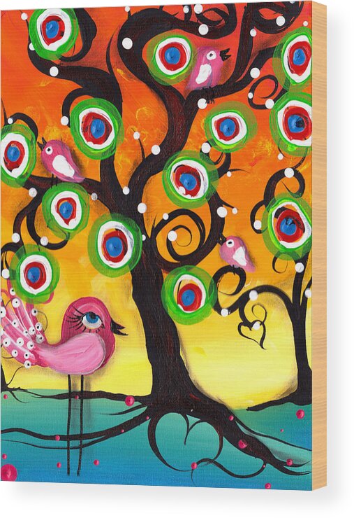 Abril Andrade Wood Print featuring the painting Pink Birds on a Tree by Abril Andrade