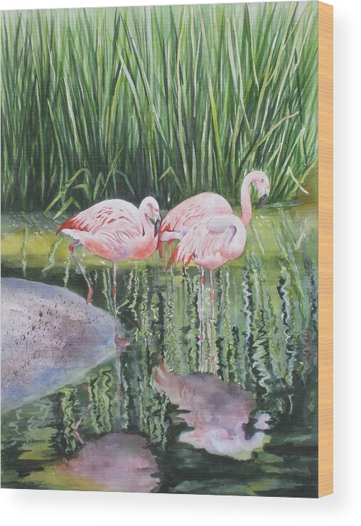 Flamingos Wood Print featuring the painting Pink Trio by Mary McCullah