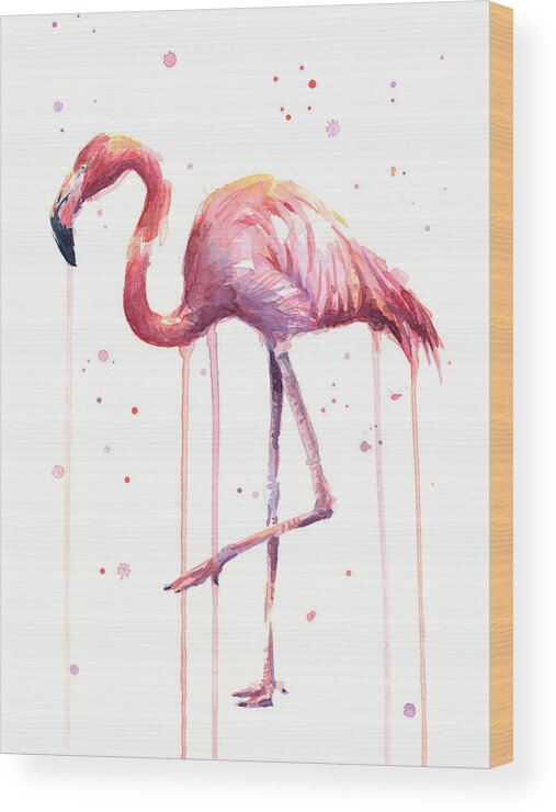 Watercolor Flamingo Wood Print featuring the painting Pink Watercolor Flamingo by Olga Shvartsur