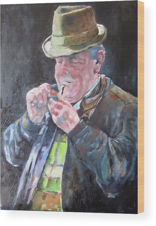 Portrait Wood Print featuring the painting Pipe Smoker by Kevin McKrell