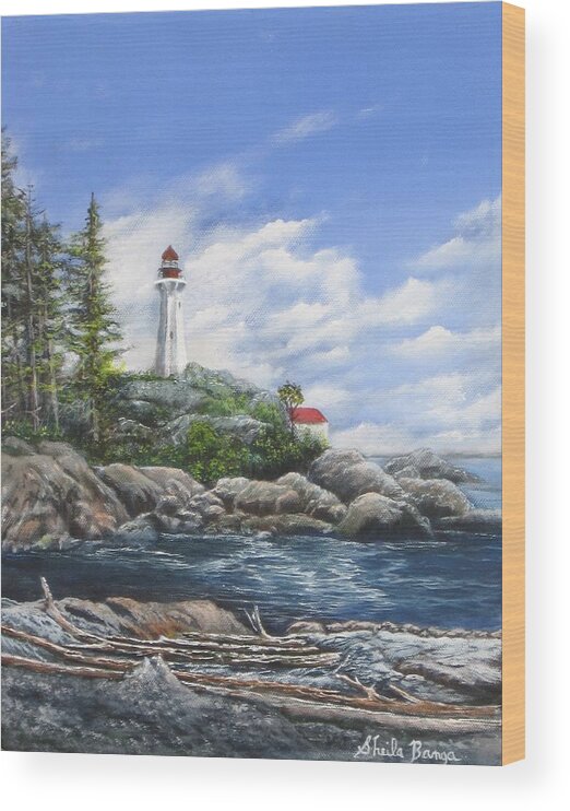 Landscape Wood Print featuring the painting Point Atkinson Lighthouse-Vancouver Canada by Sheila Banga