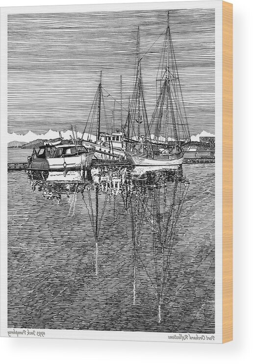 Yacht Portraits Wood Print featuring the drawing Port Orchard Marina by Jack Pumphrey